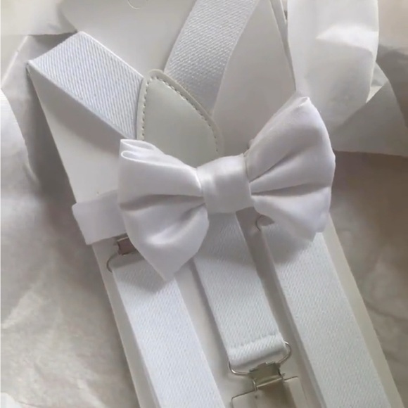 White Ring Bearer Suspender Set + Satin Bow Tie, baptism hat and bow tie set - Picture 5 of 6